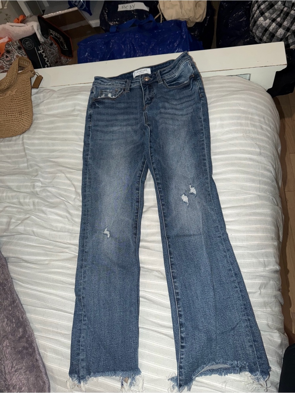 Women’s Mid Wash Distressed Flare Jeans - Blue